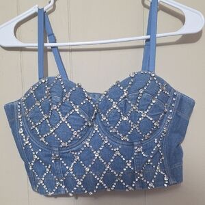 Blue Embellished Denim Bustier Top - Women's